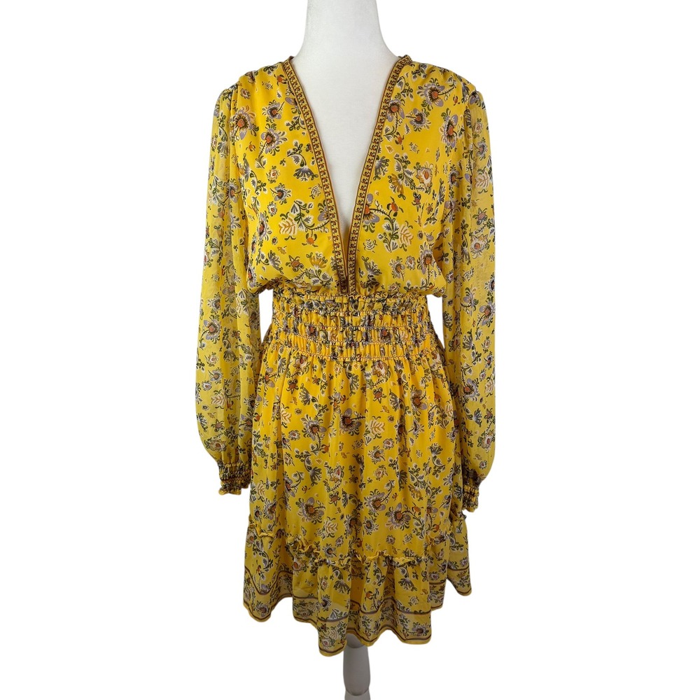 Max Studio Yellow Floral Smocked V-Neck Mini Dress Cottage Boho Feminine Spring